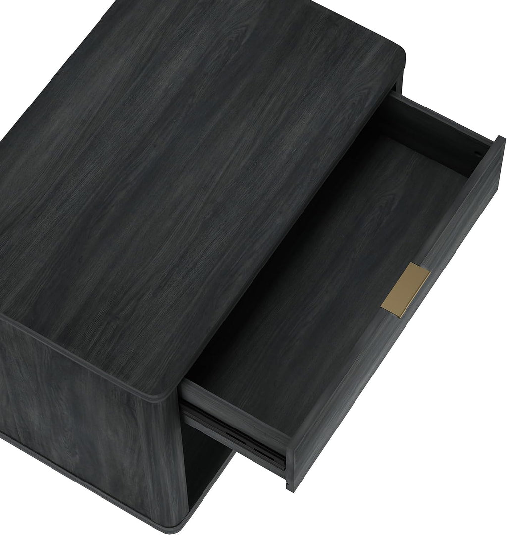 Manhattan Comfort Evelyn Set of 2 Nightstands with Drawer and Open Shelf, Minimalist Bedside Table with Rounded Corners & Raised Base, Modern Night Stand for Bedroom, or Living Room in Charcoal Grey