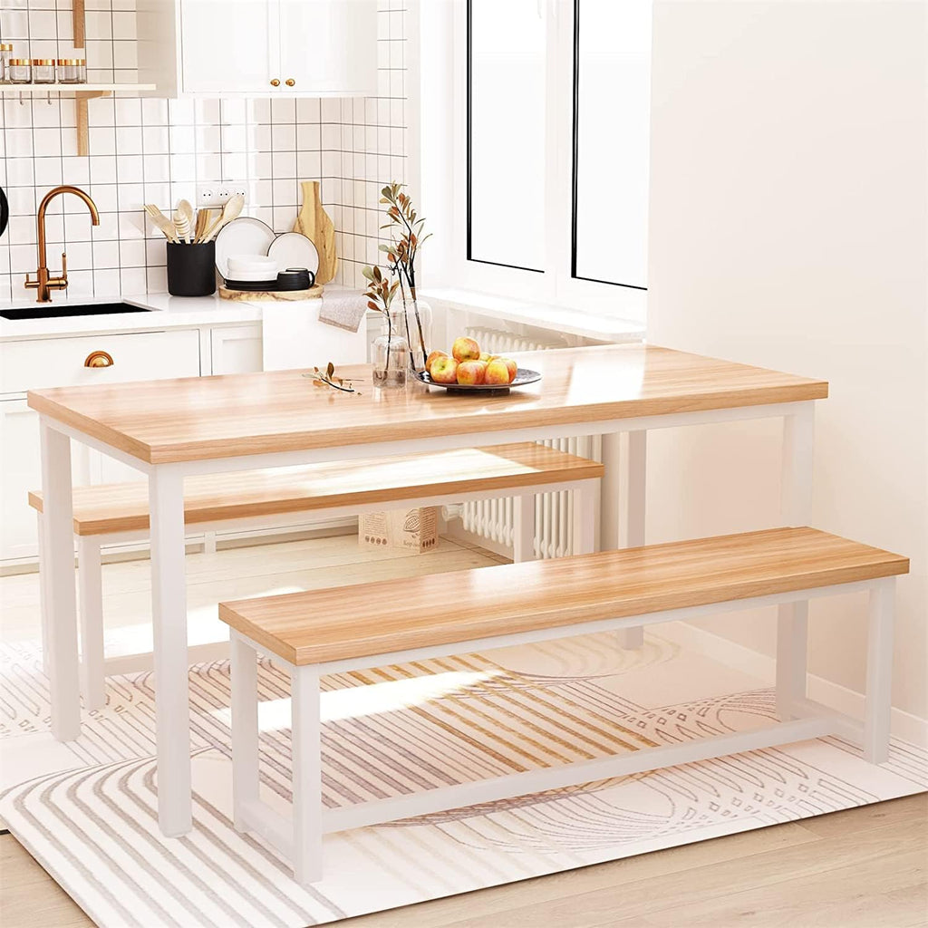 Dining Room Table Set with 2 Benches, Farmhouse Dining Table Set for 4, Wood Breakfast Dinner Table Set for Breakfast Nook Small Spaces, Beige