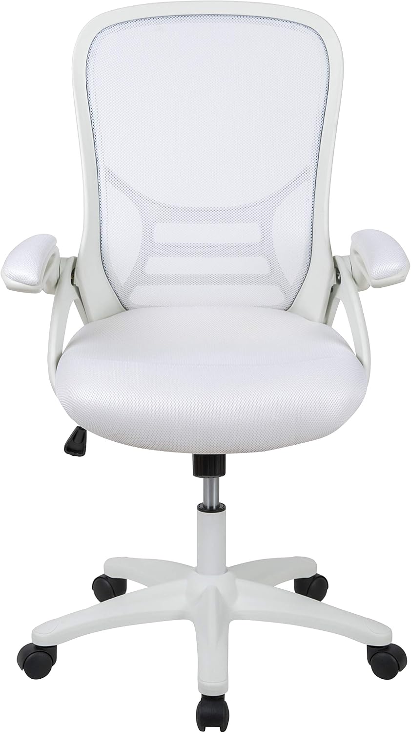 Flash Furniture Porter High-Back Swivel Office Chair with Adjustable Lumbar Support and Height, Ergonomic Mesh Desk Chair with Flip-Up Armrests, White