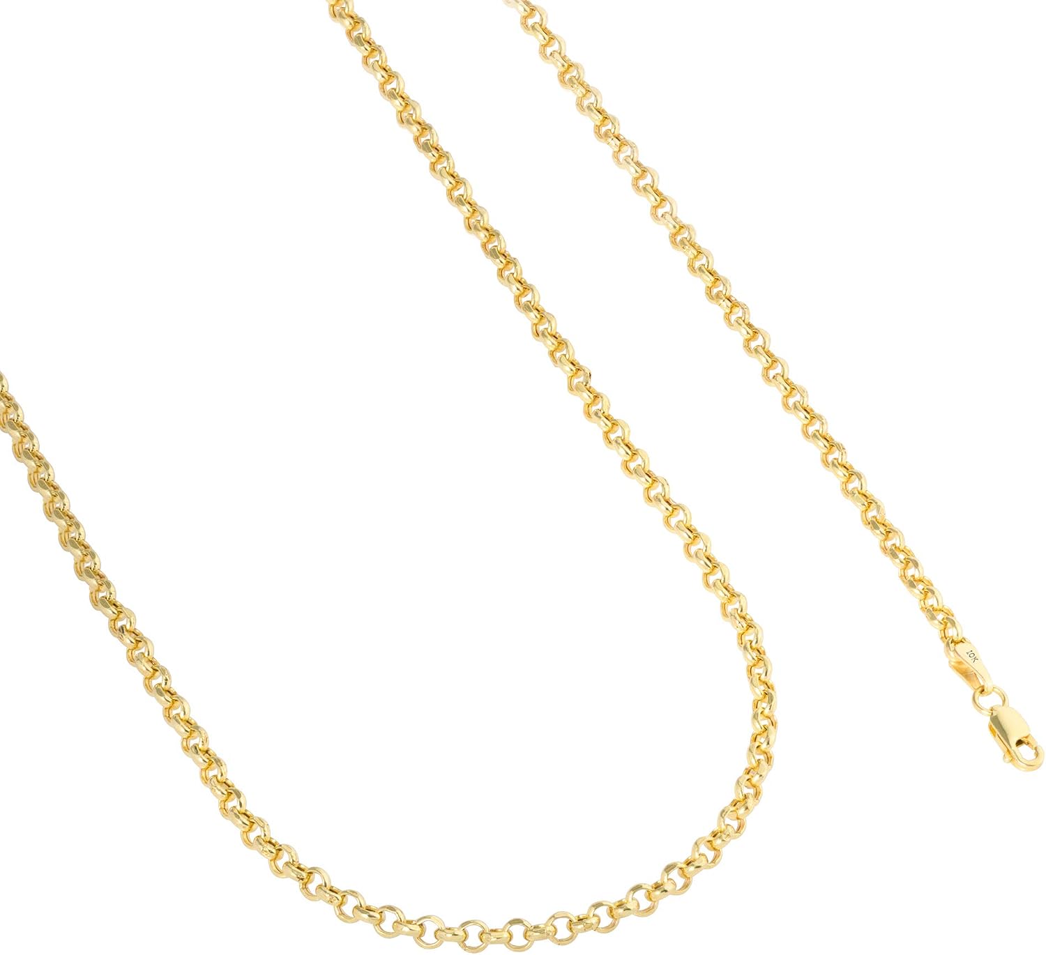 Nuragold 10k Real Yellow Gold Cable 3mm Rolo Round LInk Chain Necklace (16'-30') Italian Jewelry for Men & Women