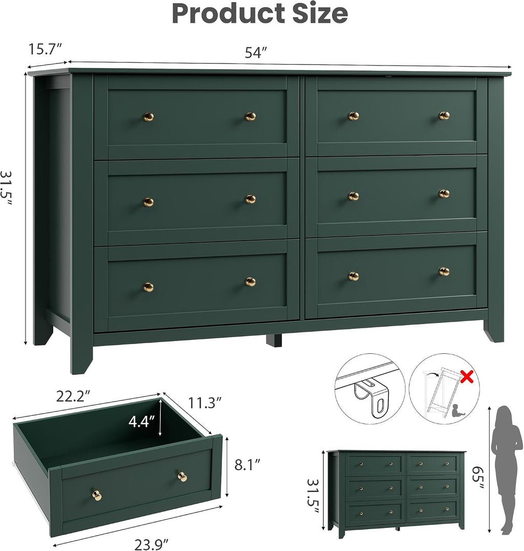 IDEALHOUSE Green 6 Drawer Dresser for Bedroom, 54' Wide Dresser with Deep Drawers & Metal Knobs, Modern Large Wooden Chests of Drawers for Entryway, Hallway
