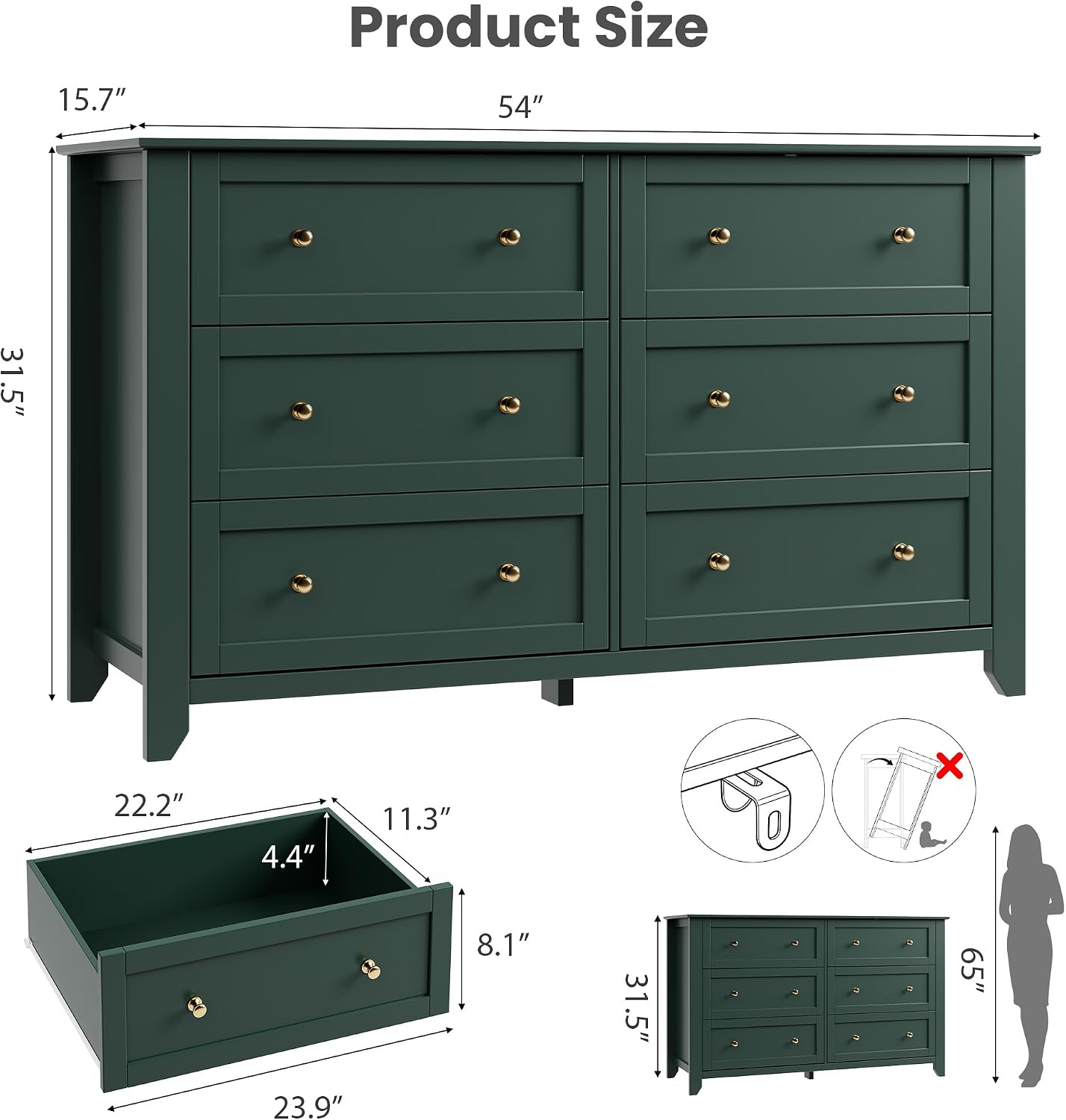 IDEALHOUSE Green 6 Drawer Dresser for Bedroom, 54' Wide Dresser with Deep Drawers & Metal Knobs, Modern Large Wooden Chests of Drawers for Entryway, Hallway