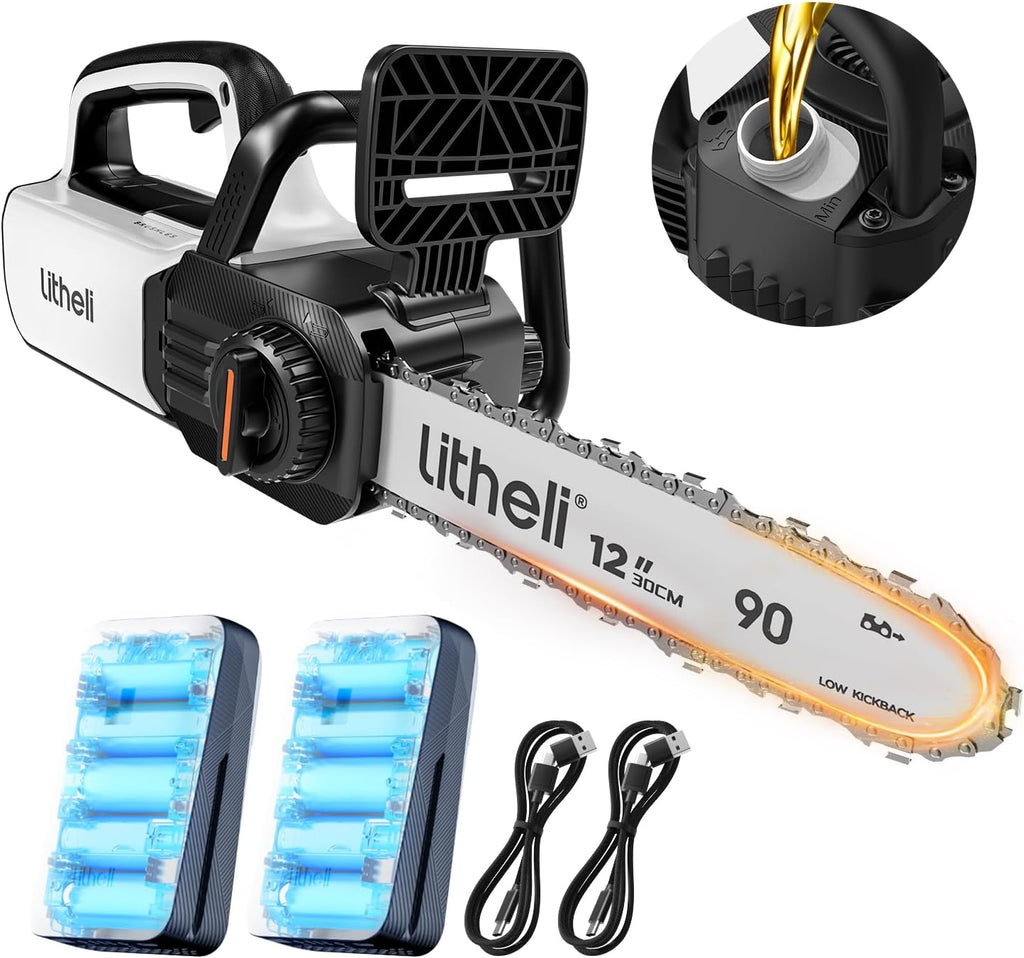 Litheli 12' Brushless Electric Battery Chainsaw, Chain Saw with 2 x 20V MAX 2.0Ah Battery，Cordless Handheld Battery Powered Chainsaw Auto-Lubrication for Wood Cutting Trimming Courtyard