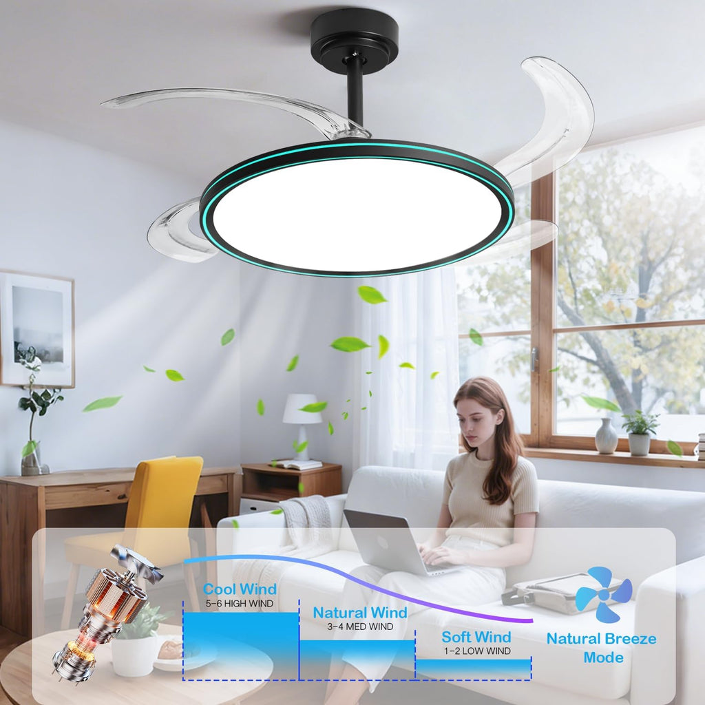 BAYSQUIRREL Slim Retractable Ceiling Fan, 42 Inch Low Profile Ceiling Fan with Remote Control, Dimmable Full Spectrum with Memory, 6-Speed Reversible Fan, Black