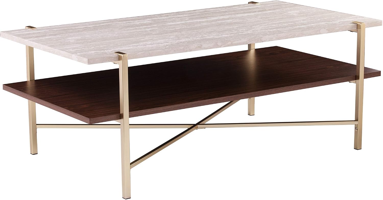 SEI Furniture Ardmillan Rectangular 47' Cocktail Table w/Storage, Brass and Dark Tobacco Finish w/White Faux Travertine