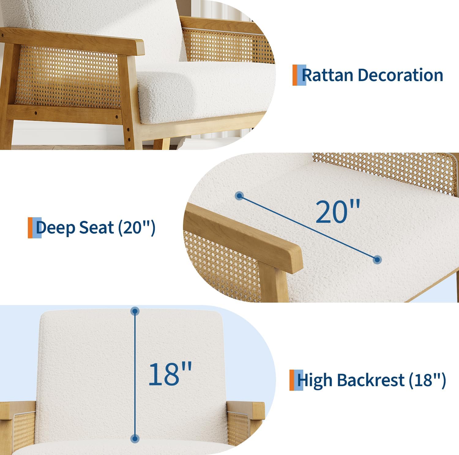 Garvee Boucle Accent Chair, Rattan Armchair with Wooden Frame, High Back, Upholstered Reading Chair Leisure Chairs for Living Room Bedroom Waiting Room Reception, White