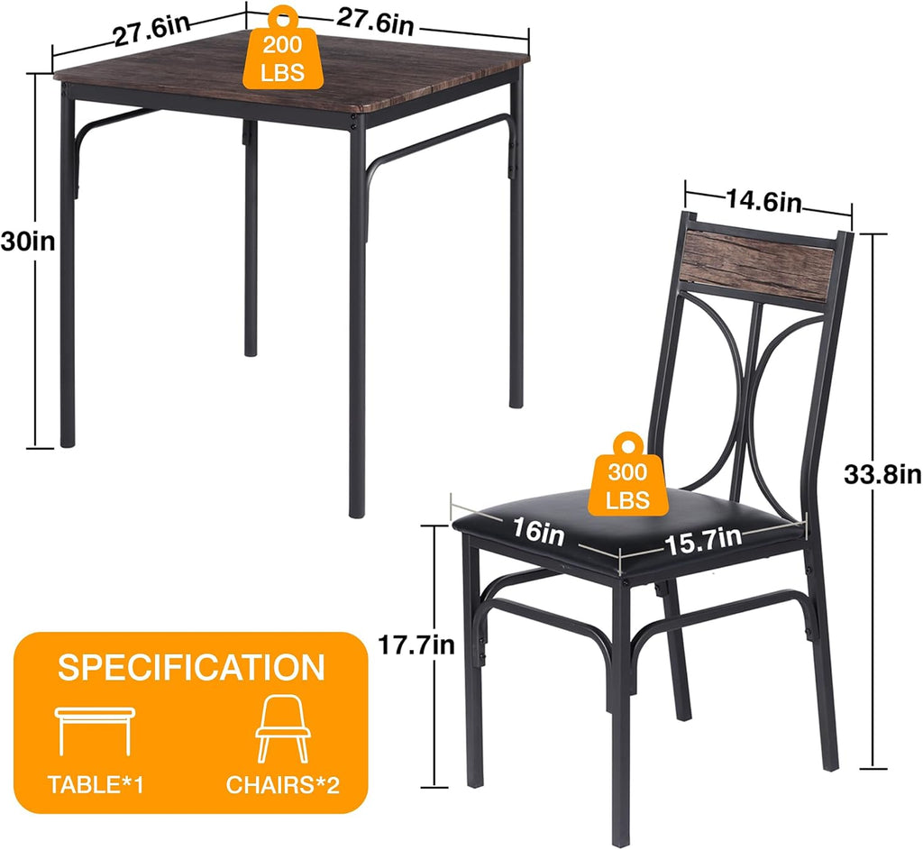 VECELO 3 Piece Dining Table Set for 2, Kitchen Table Set with 2 Chairs for Small Space, Space-Saving and Modern Design, Apartment, Easy to Assemble, Retro Brown