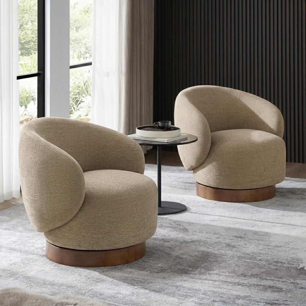 KISLOT Swivel Accent Chair Modern Round Barrel Armchair with Upholstered Performance Fabric for Living Room Bedroom Waitingroom,2 Box,Brown