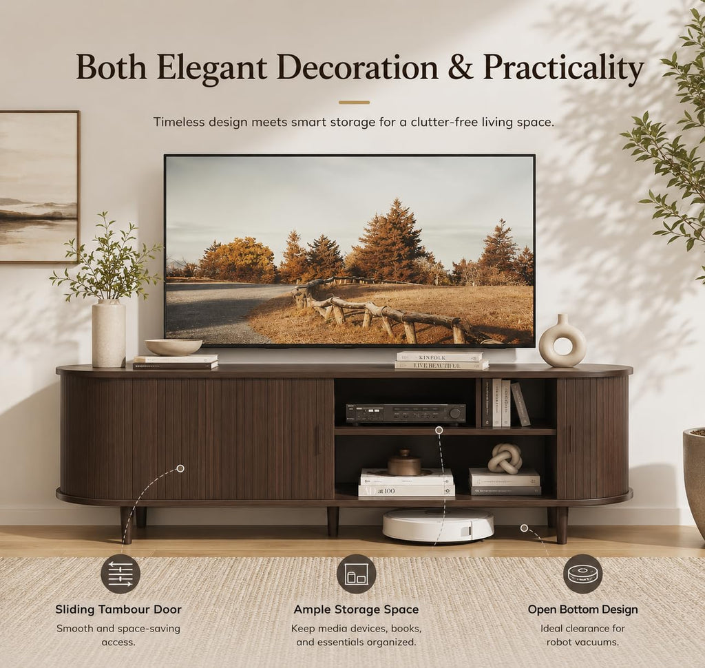 MXV 58' Mid-Century Modern TV Stand with Sliding Doors, TV Consoles with Power Outlet, Fluted Entertainment Center with Adjustable Shelves for Living Room