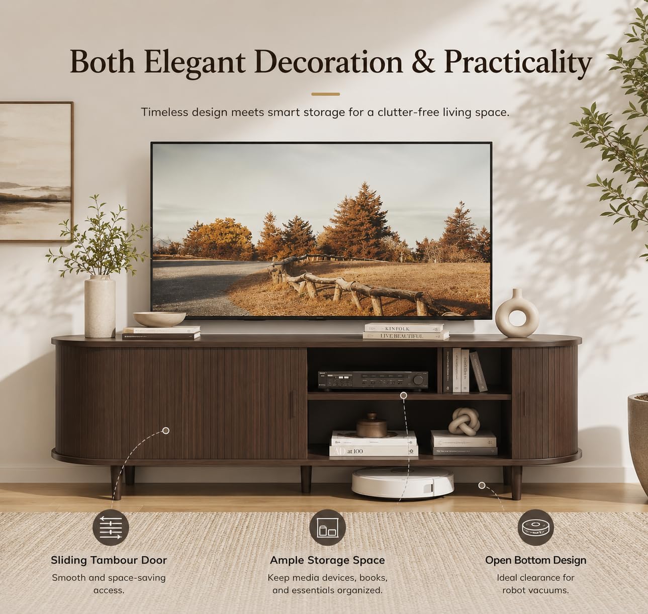 MXV 58' Mid-Century Modern TV Stand with Sliding Doors, TV Consoles with Power Outlet, Fluted Entertainment Center with Adjustable Shelves for Living Room