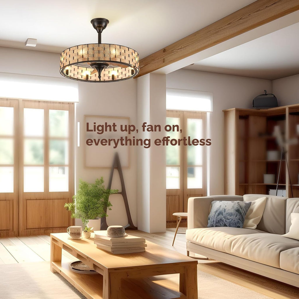 Orison 24' Caged Ceiling Fan with Lights, 2 Ways Control(App&Remote Control), Light Kit Included(8 Bulbs), Modern Farmhouse