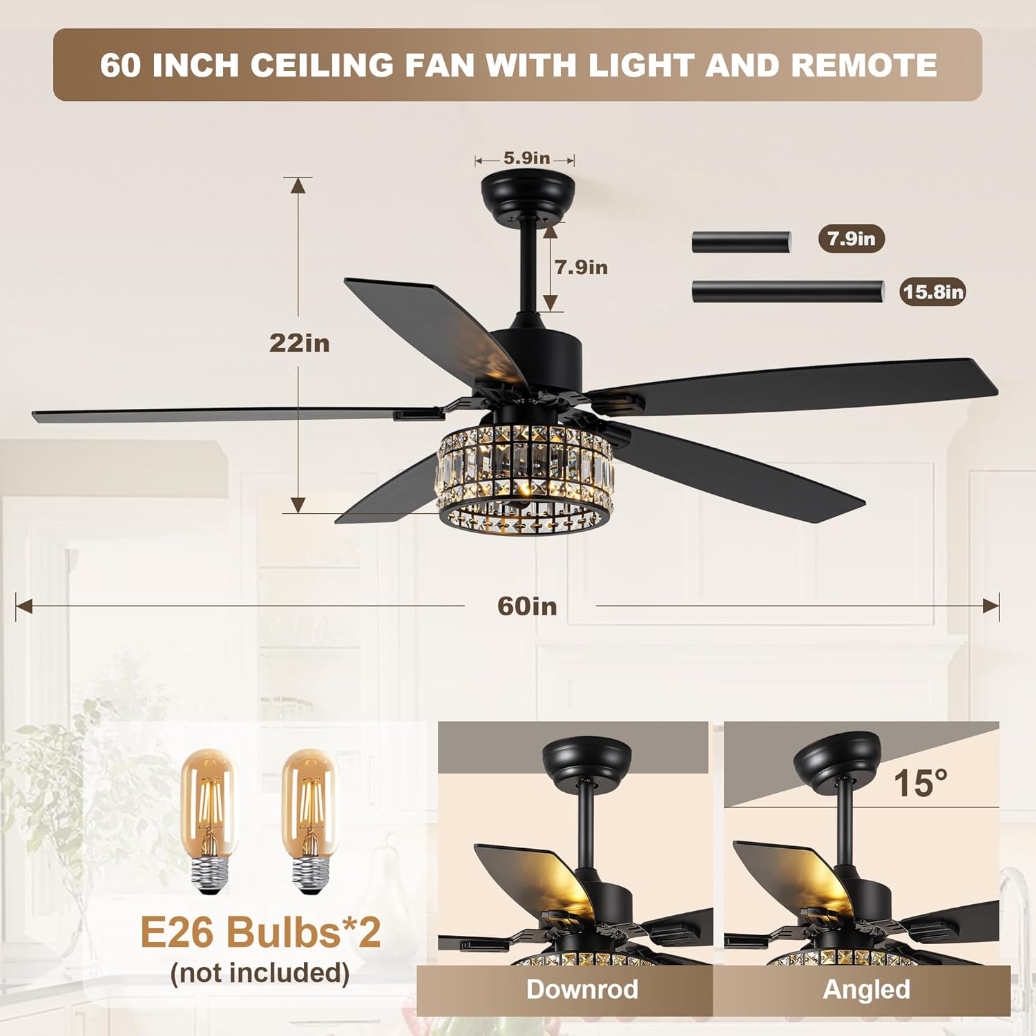 Chandelier Ceiling Fans with Lights and Remote,Caged Ceiling Fan with Light,App 5 Blades E26 Fandelier Ceiling Fans with Lights,Crystal Ceiling Fan for Bedroom,Living Room. (Black, 60 Inch)