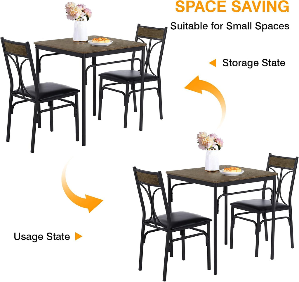 VECELO 3 Piece Dining Table Set for 2, Kitchen Table Set with 2 Chairs for Small Space, Space-Saving and Modern Design, Apartment, Easy to Assemble, Retro Brown