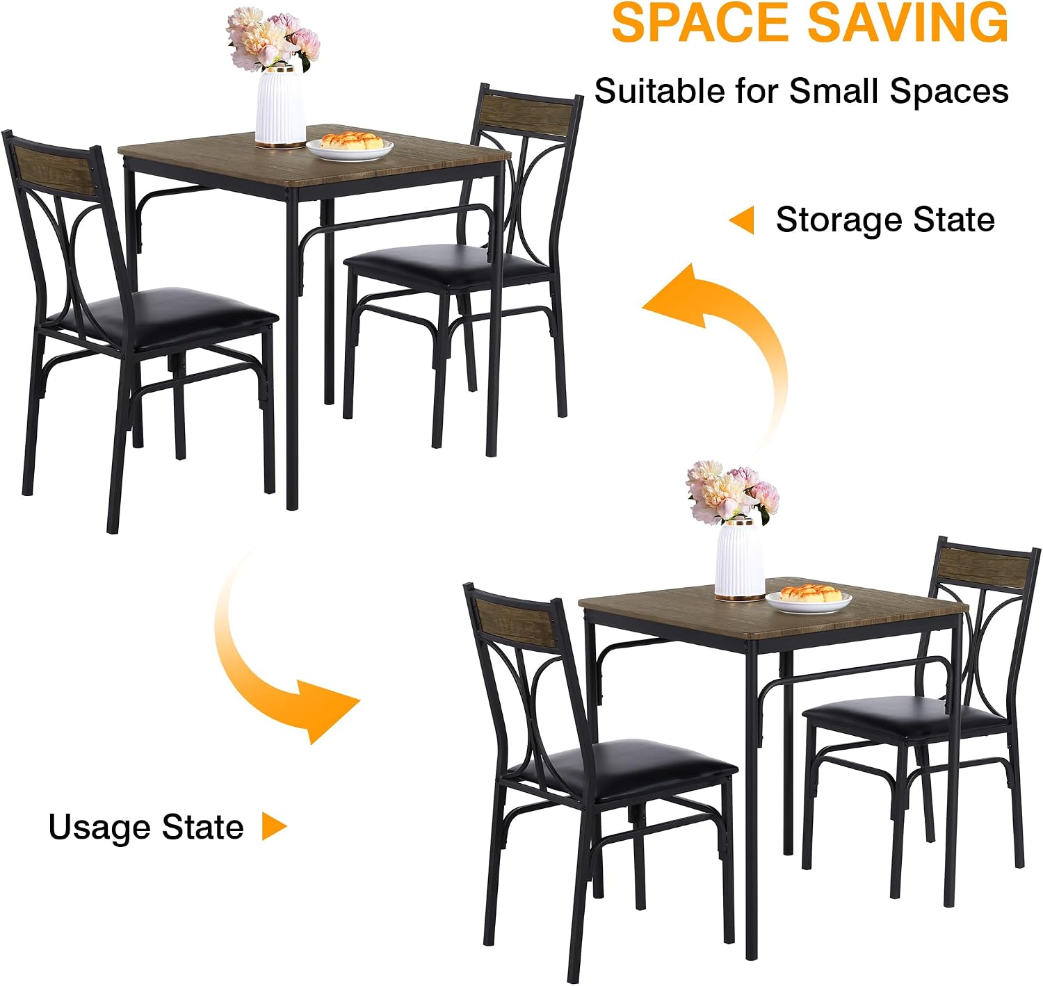 VECELO 3 Piece Dining Table Set for 2, Kitchen Table Set with 2 Chairs for Small Space, Space-Saving and Modern Design, Apartment, Easy to Assemble, Retro Brown