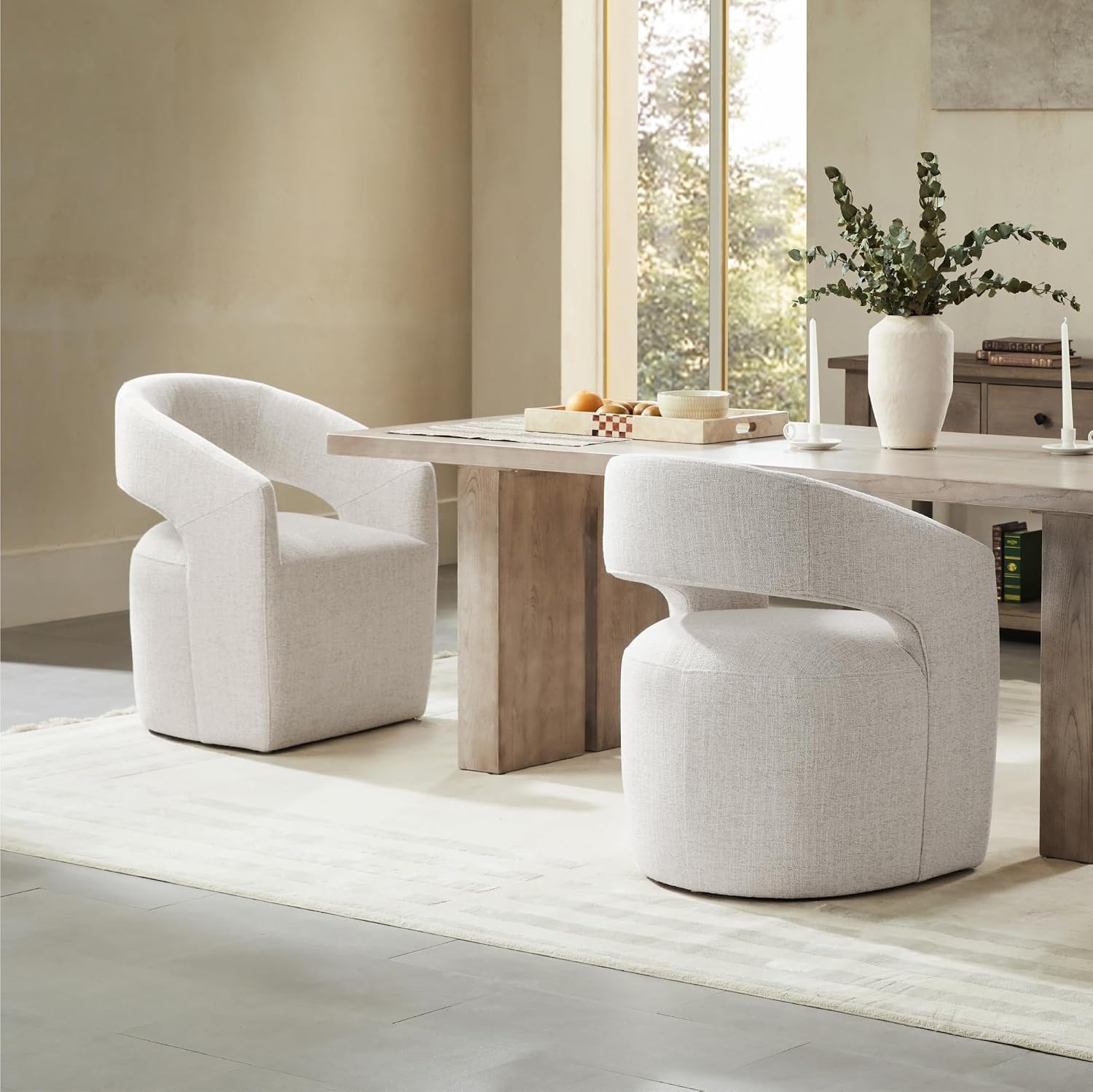 KISLOT Upholstered Dining Chairs with Casters, No Assembly Modern Barrel Armchair with Rollers for Dining Room, Bedroom, Living Room, Reading Room, Home Office, Set of 1, Beige