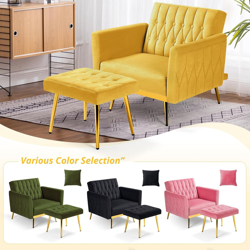 Velvet Accent Chair w/Adjustable Armrests and Backrest, Button Tufted Lounge Chair, Single Recliner Armchair with Ottoman and Pillow for Living Room, Bedroom,Yellow