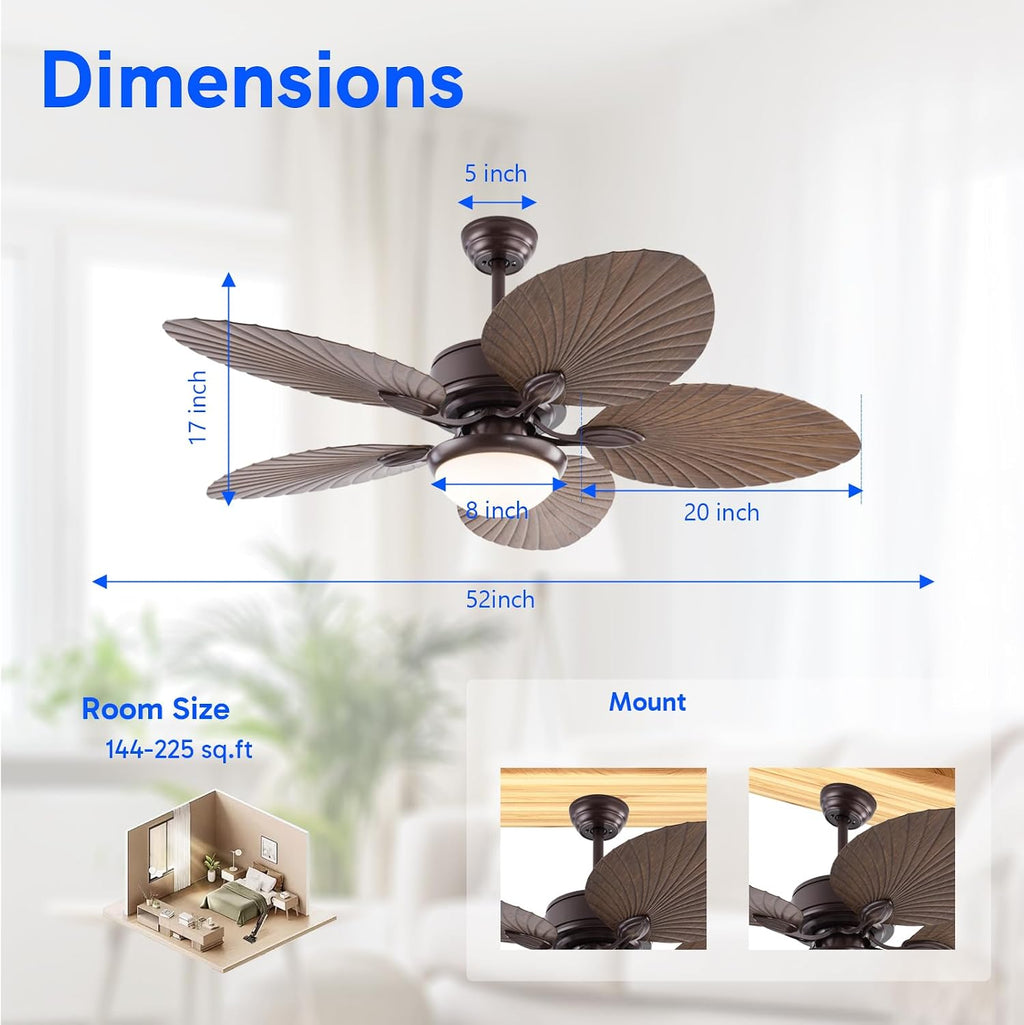 52 Inch Tropical Palm Leaf Ceiling Fan with Light and Remote, Indoor/Outdoor Ceiling Fan with Reversible Quiet DC Motor, Dimmable LED Light, 6 Speeds, for Patio, Porch, Living Room, Bedroom