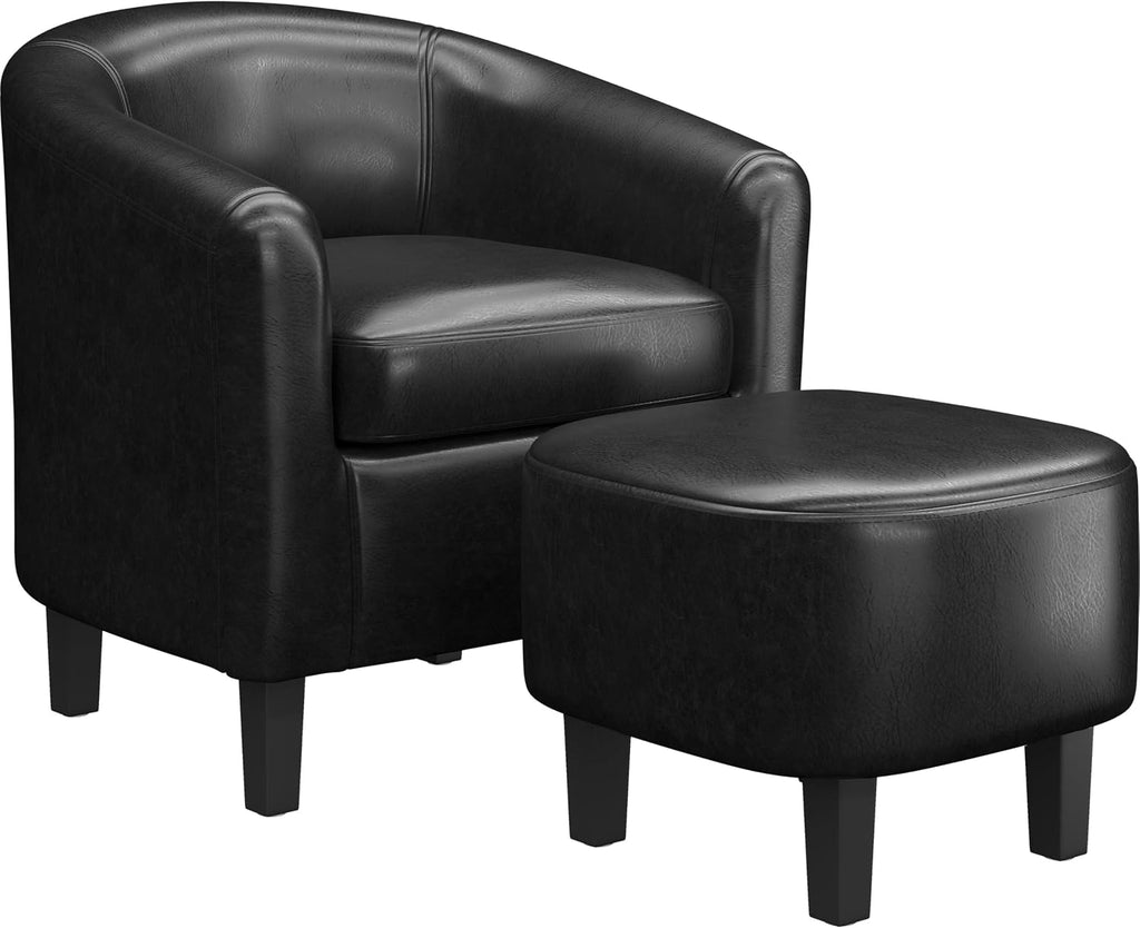 Yaheetech Barrel Chair with Ottoman Set, Faux Leather Accent Chair with Soft Padded and Sturdy Legs for Living Room/Bedroom/Study/Waiting Room, Black