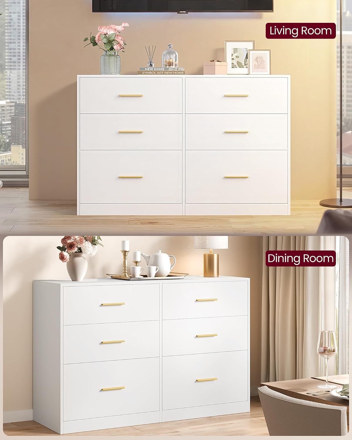 VASAGLE Custos Collection - Dresser for Bedroom, Chest of Drawers for Closet, Modern Style, TV Stand for Living Room, 6 Drawers, 15.8 x 46.9 x 30.7 Inches, Cloud White ULTS416WB01S