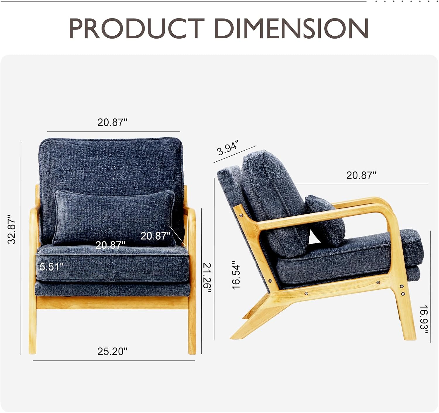 MALOL Modern Accent Chair Set of 2 with Lumbar Pillow, Relaxing Mid Century Chair Armchair with Solid Wood Frame & Soft Cushion, Reading Leisure Armchair for Living Room, Blue