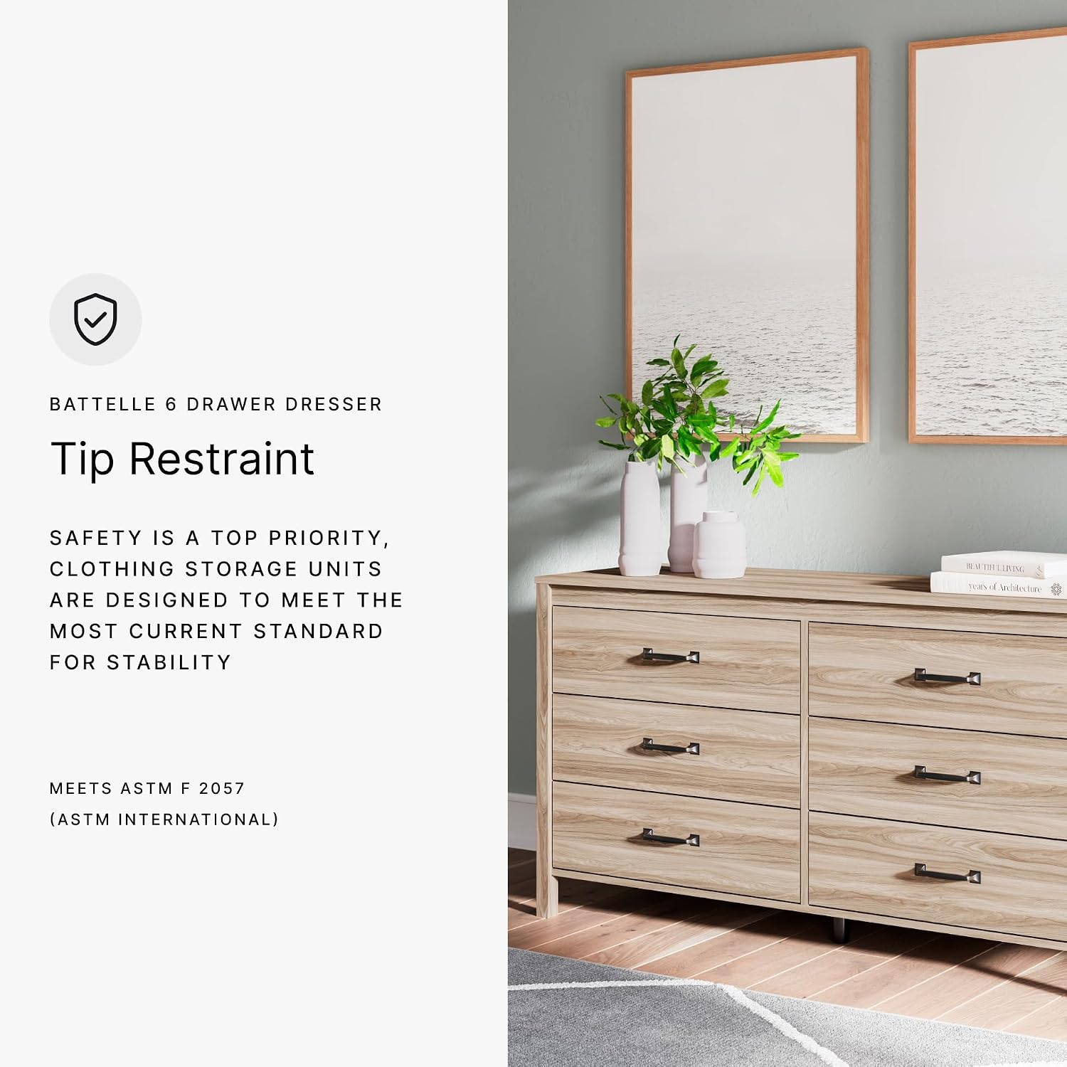 Signature Design by Ashley Battelle Mid-Century Modern Dresser with 6 Drawers and Chevron Pattern, Meets ASTM International Standards, Wood and Decorative Laminate, Tan