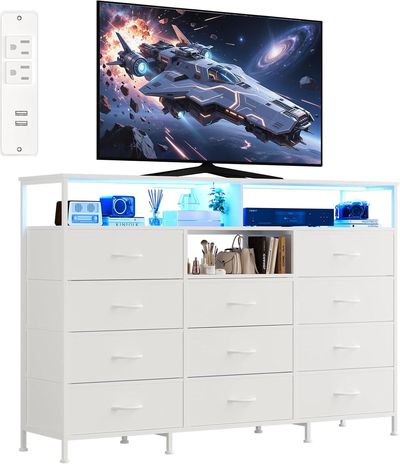 Dresser for Bedroom with LED Lights & Charging Station, 11 Drawer Dressers & Chests of Drawers, Steel Frame, Wood Top, 55 ' Fabric Dresser TV Stand for Bedroom,Hallway, Storage Organization, Entryway