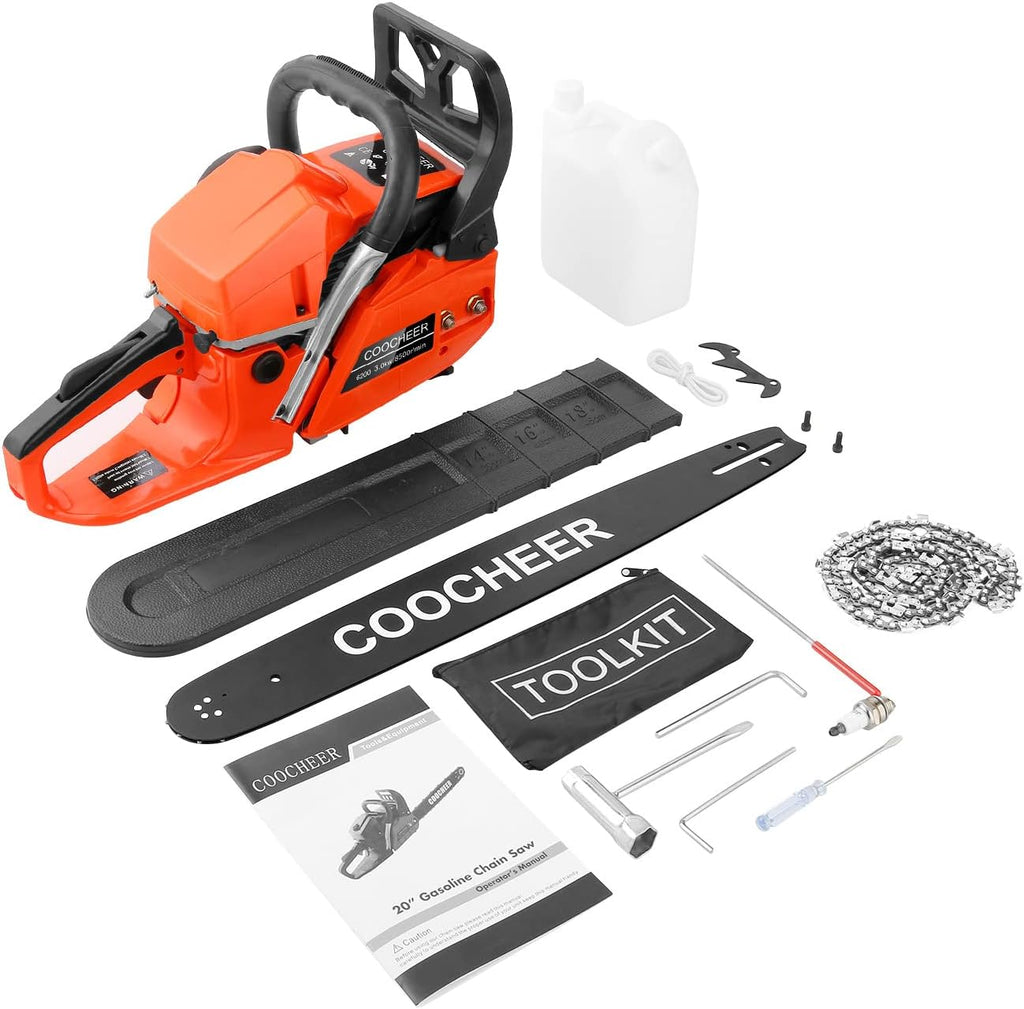 COOCHEER Gas Chainsaw 20 Inch 62CC Gasoline Powered Chain Saws 12000r/min 3.5HP 2 Stroke Cordless Gas Power Chain Saw for Tree Cutting Wood, Home Farm Garden Tools