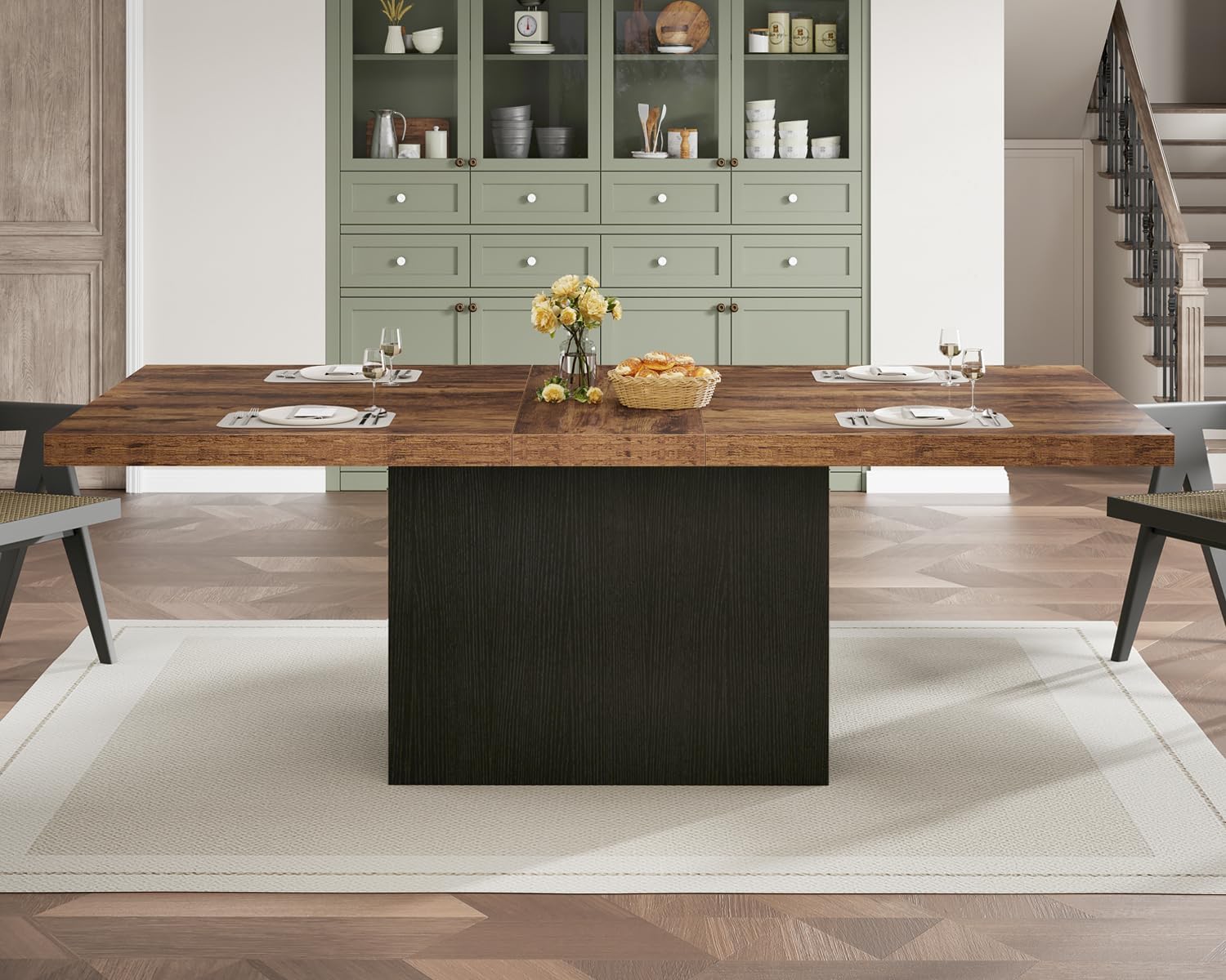HSH Dining Table for 6 to 8, 71' Wood Rectangular Dinner Table, 6 ft Industrial Kitchen Table only with Black Pedestal, Modern Large Dining Room Table for Home Gathering Office, Rustic Brown, 71 Inch
