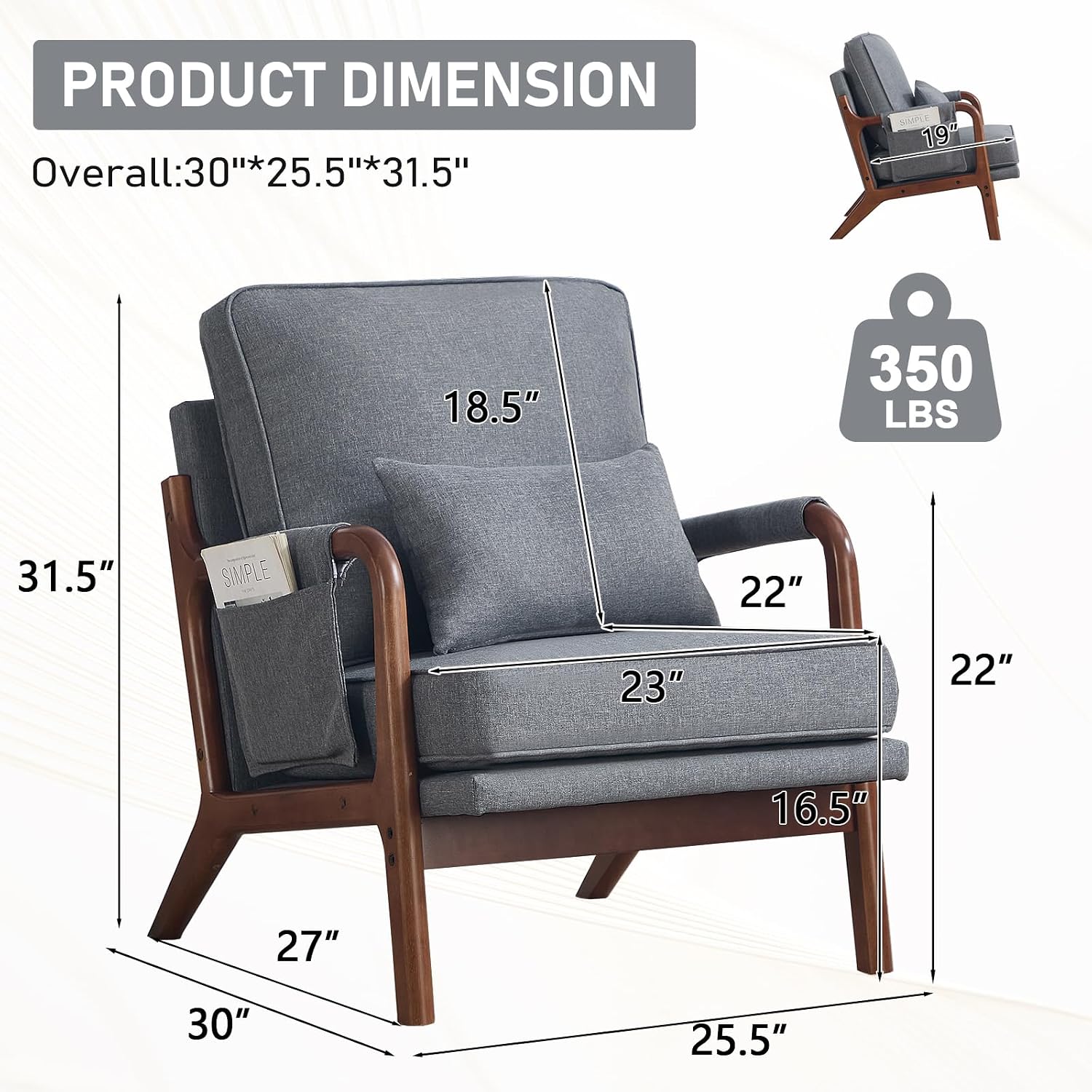ANJ Mid Century Modern Accent Chair, Lounge Reading Armchair with Extra Side Pocket & Detachable Cushion, Comfy Fabric Accent Chairs for Living Room, Bedroom,Grey