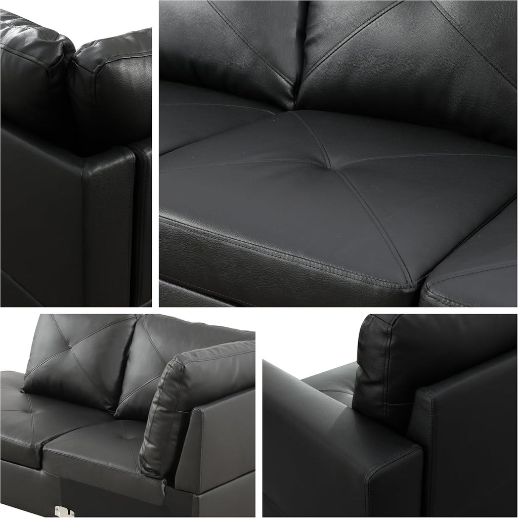 L-Shaped Sectional Sofa with Movable Chaise & Storage Ottoman, Leather 3-Piece Modular Convertible Couches for Living Room, Apartment & Office, Dark Black