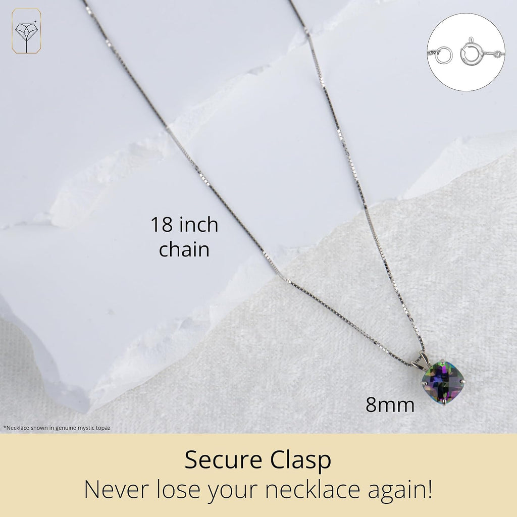 MAX + STONE Cushion Cut Gemstone Necklace | 8mm Solitaire Birthstone Necklace for Women | Gemstone Pendant Necklaces with 18 inch Box Chain