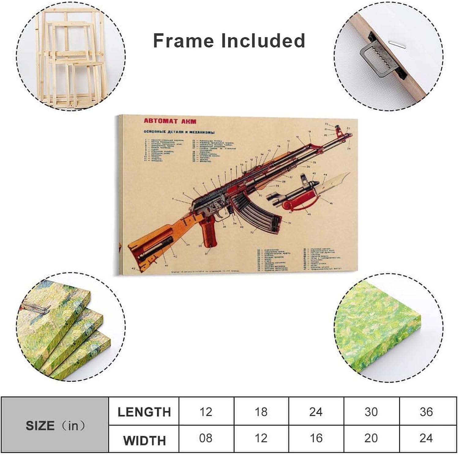 Vintage Kalashnihov Assault Rifle Gun AK-47 Modified Structure Chart Military Collection Home Office Canvas Wall Art Print Are Used For Room Aesthetics And Decoration 20x30inch(50x75cm)