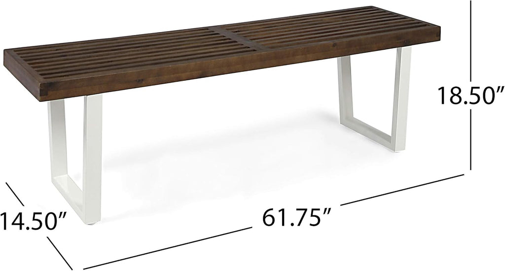 Christopher Knight Home Joa Patio Dining Bench, Acacia Wood with Iron Legs, Modern, Contemporary, Dark Brown and White, Wash