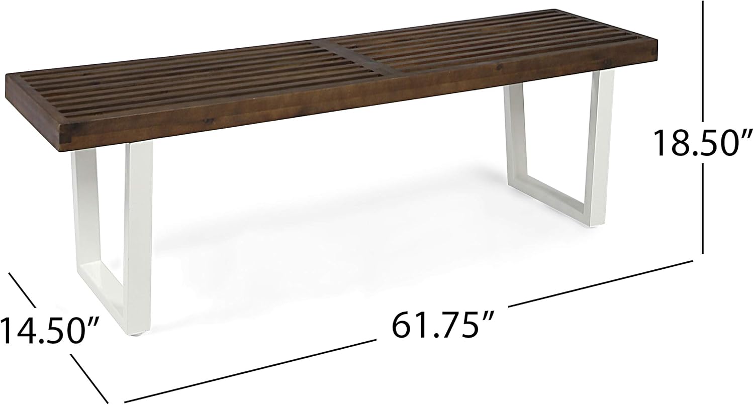 Christopher Knight Home Joa Patio Dining Bench, Acacia Wood with Iron Legs, Modern, Contemporary, Dark Brown and White, Wash