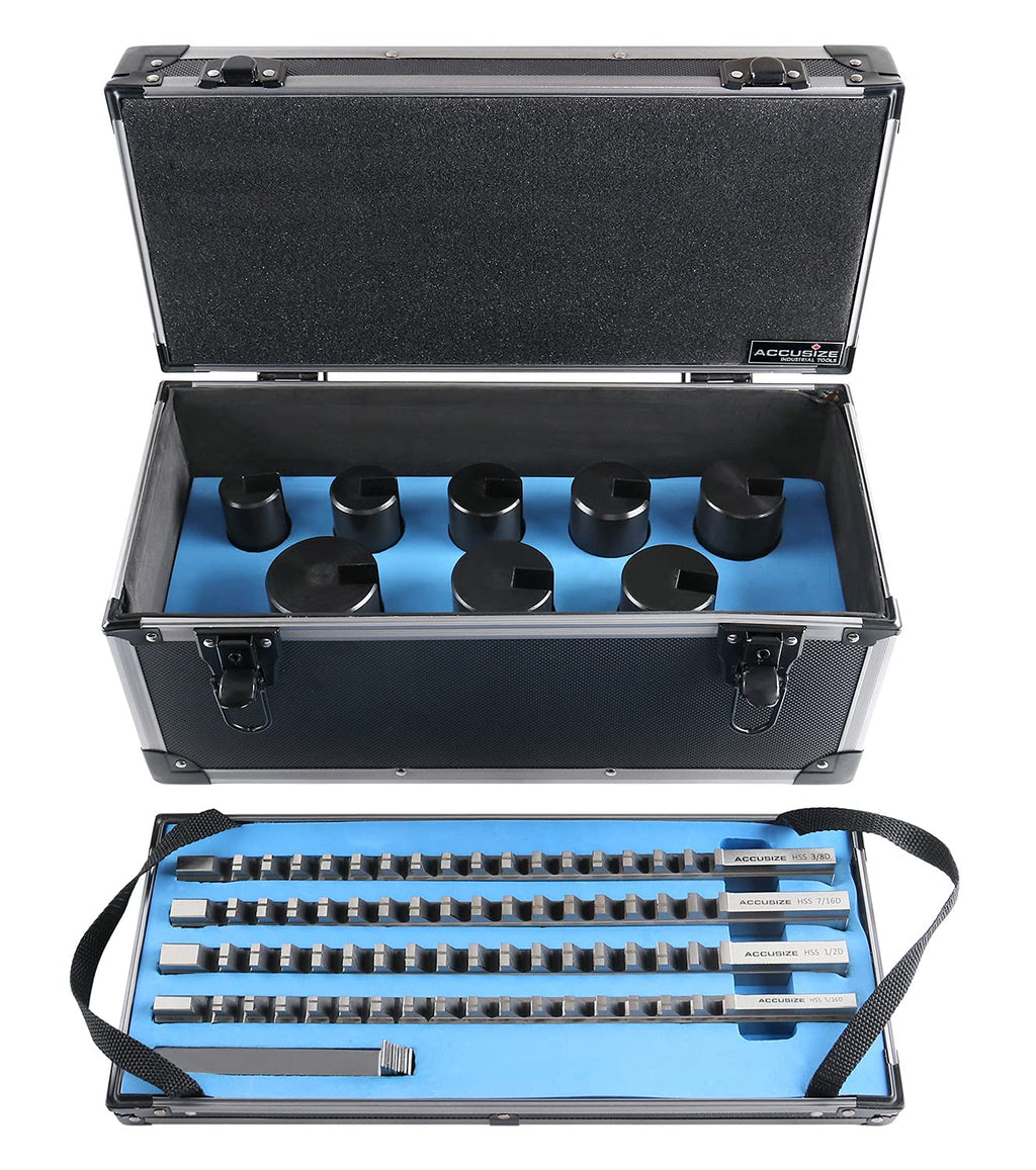 Accusize Industrial Tools No 40A H.S.S. Keyway Broach Sets in Fitted Box, 32 Combinations, 5100-0042 | 32 Combinations, D-5/16, 3/8, 7/16, 1/2 in, Precision Ground HSS, Fitted Wooden Box