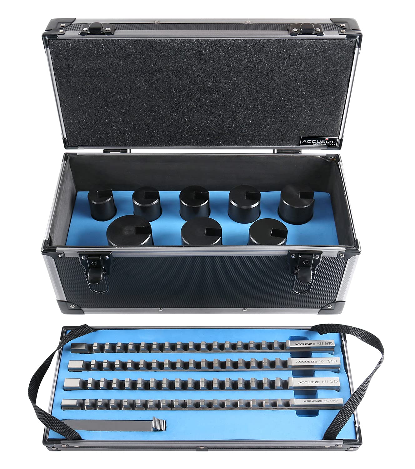 Accusize Industrial Tools No 40A H.S.S. Keyway Broach Sets in Fitted Box, 32 Combinations, 5100-0042 | 32 Combinations, D-5/16, 3/8, 7/16, 1/2 in, Precision Ground HSS, Fitted Wooden Box