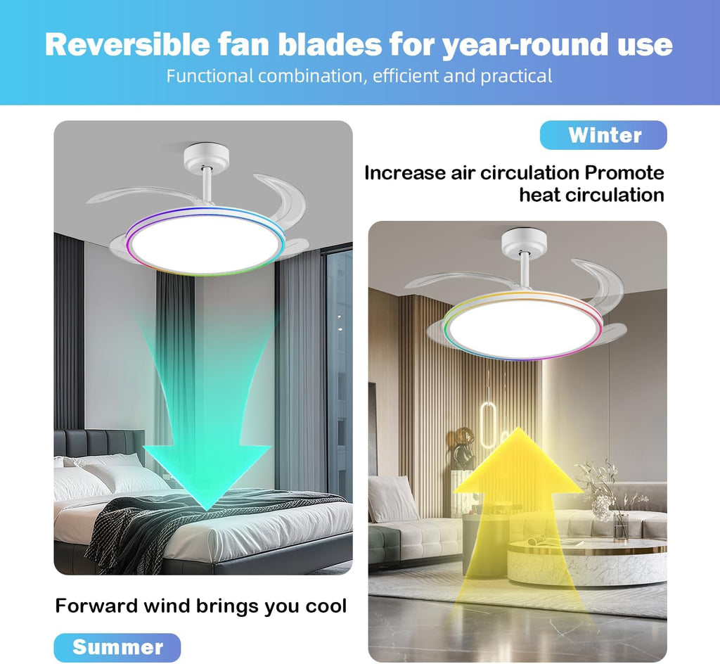 BAYSQUIRREL Slim Retractable Ceiling Fan, 42 Inch Low Profile Ceiling Fan with Remote Control, Dimmable Full Spectrum with Memory, 6-Speed Reversible Fan, White