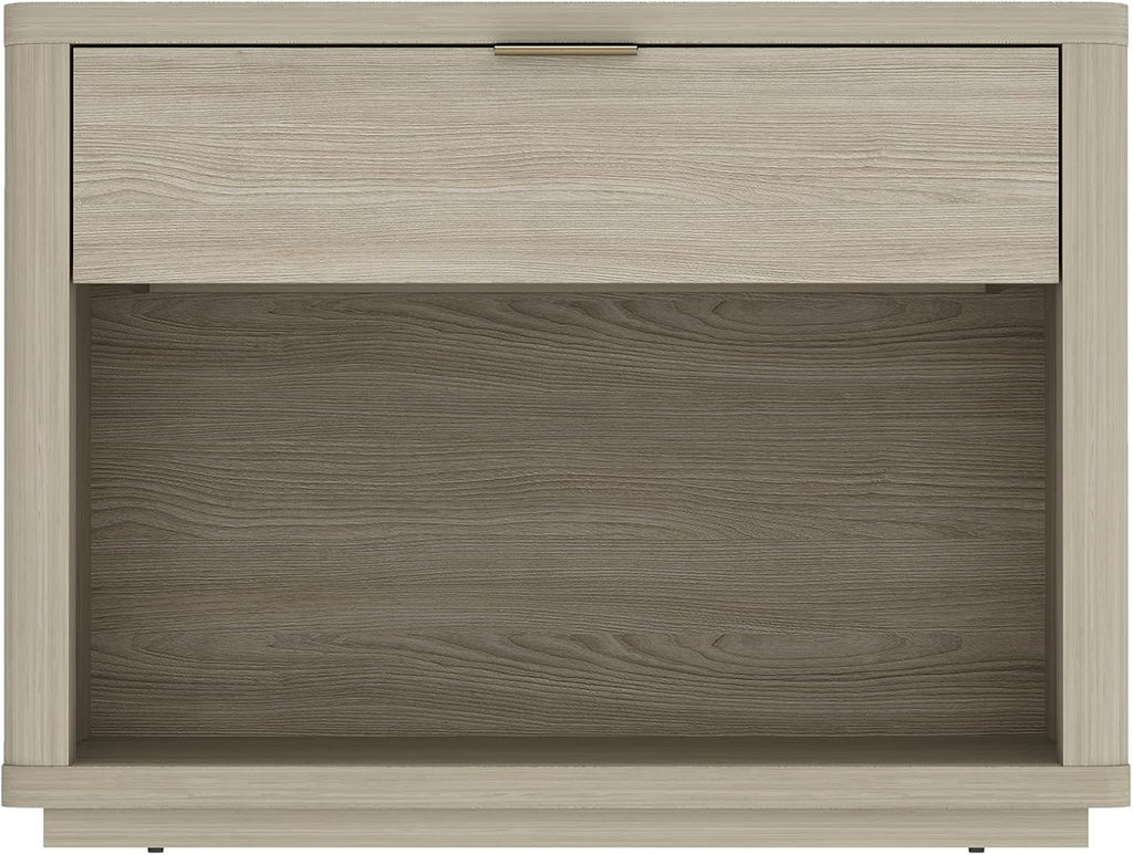 Manhattan Comfort Evelyn Nightstand with 1 Drawer, Minimalist Open Shelf Bedside Table, Rounded Corners and Raised Base, Modern Accent Table for Bedroom, Entryway, or Living Room in Natural Oak