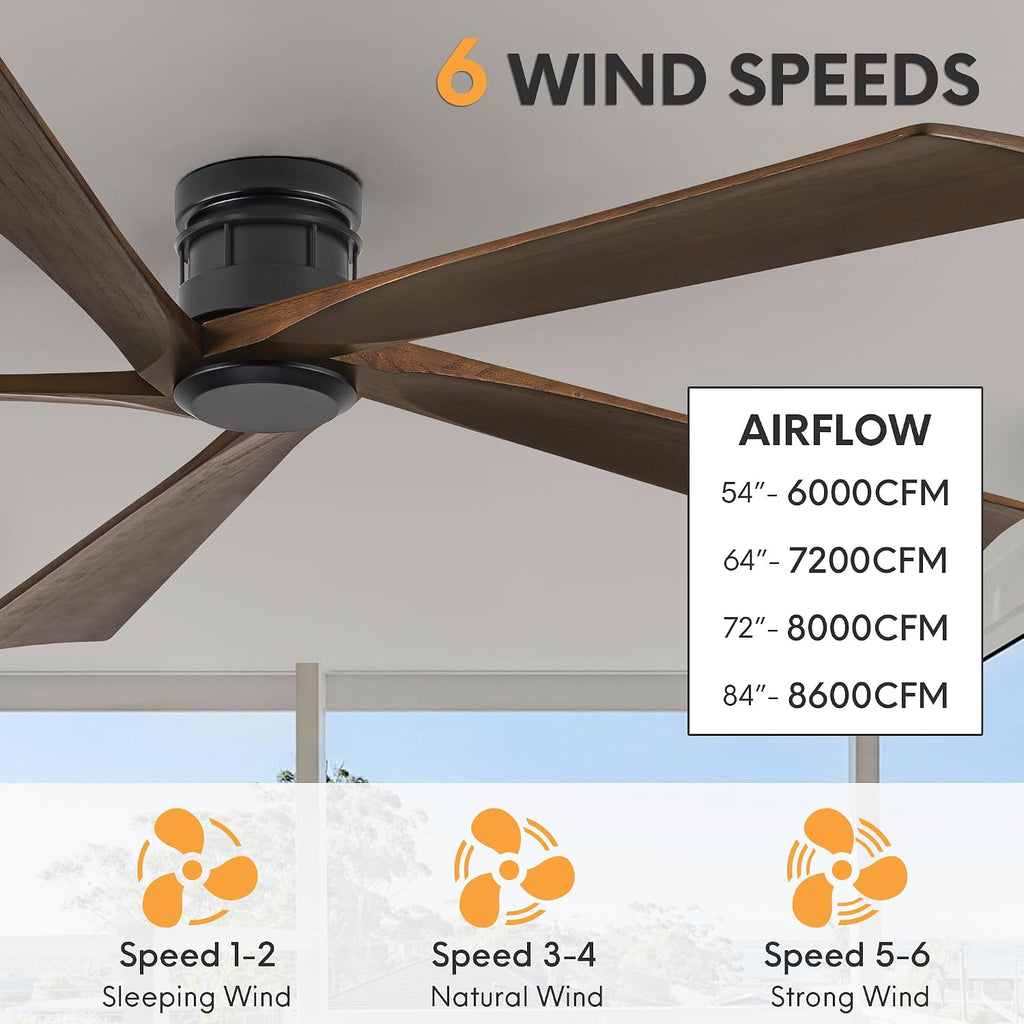 EKIZNSN 84 Inch Low Profile Flush Mount Outdoor Ceiling Fan without Light for Patios, 5 Walnut Wood Blades, 6-Gear Speed, 110V Noiseless DC Motor (Black Finish with Walnut Blades)