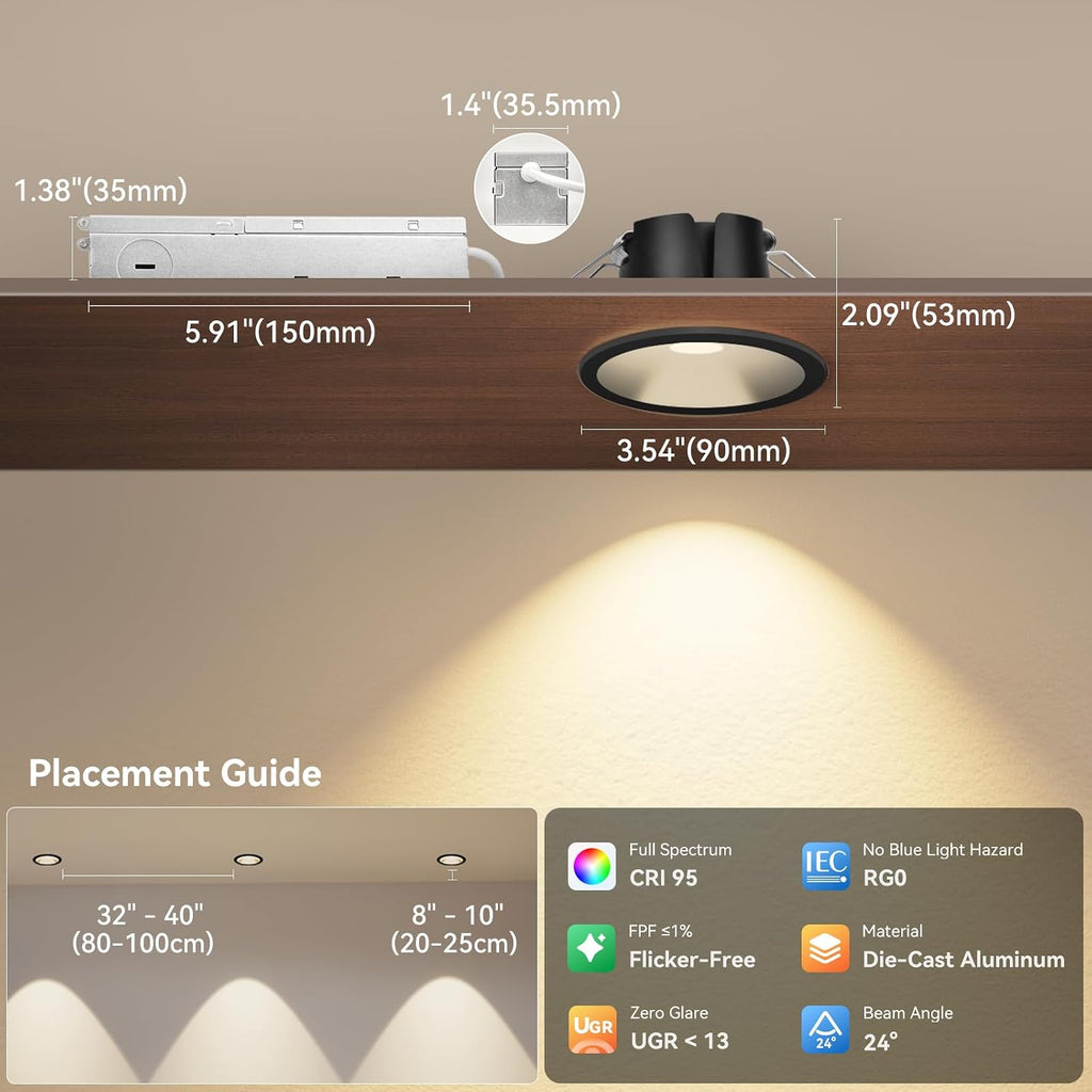 CycevSun Black 3 Inch Recessed LED Lights, Anti-Glare COB Ceiling Spotlight, 5CCT Selectable, 130LM/W, 12W, RA95 Small Exterior Soffit Lights, Dimmable, ETL, IP44 Damp Rated Shower Light, 12-Pack
