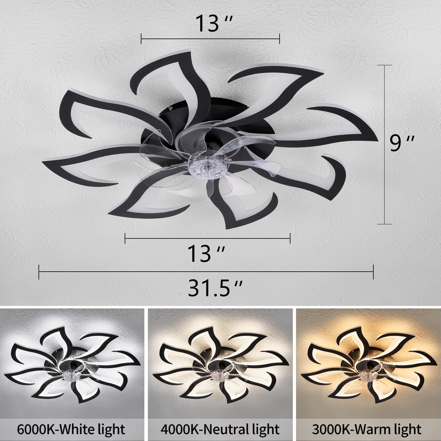 Dalouguan Modern Ceiling Fan with Lights and Remote Control, 32' Black Flush Mount Fan with 3 Light Colors, 6 Speeds, Low Profile for Kitchen and Bedroom
