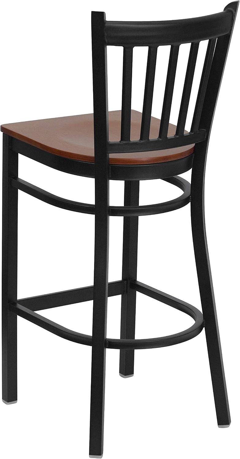 Flash Furniture 2 Pk. HERCULES Series Black Vertical Back Metal Restaurant Barstool - Cherry Wood Seat