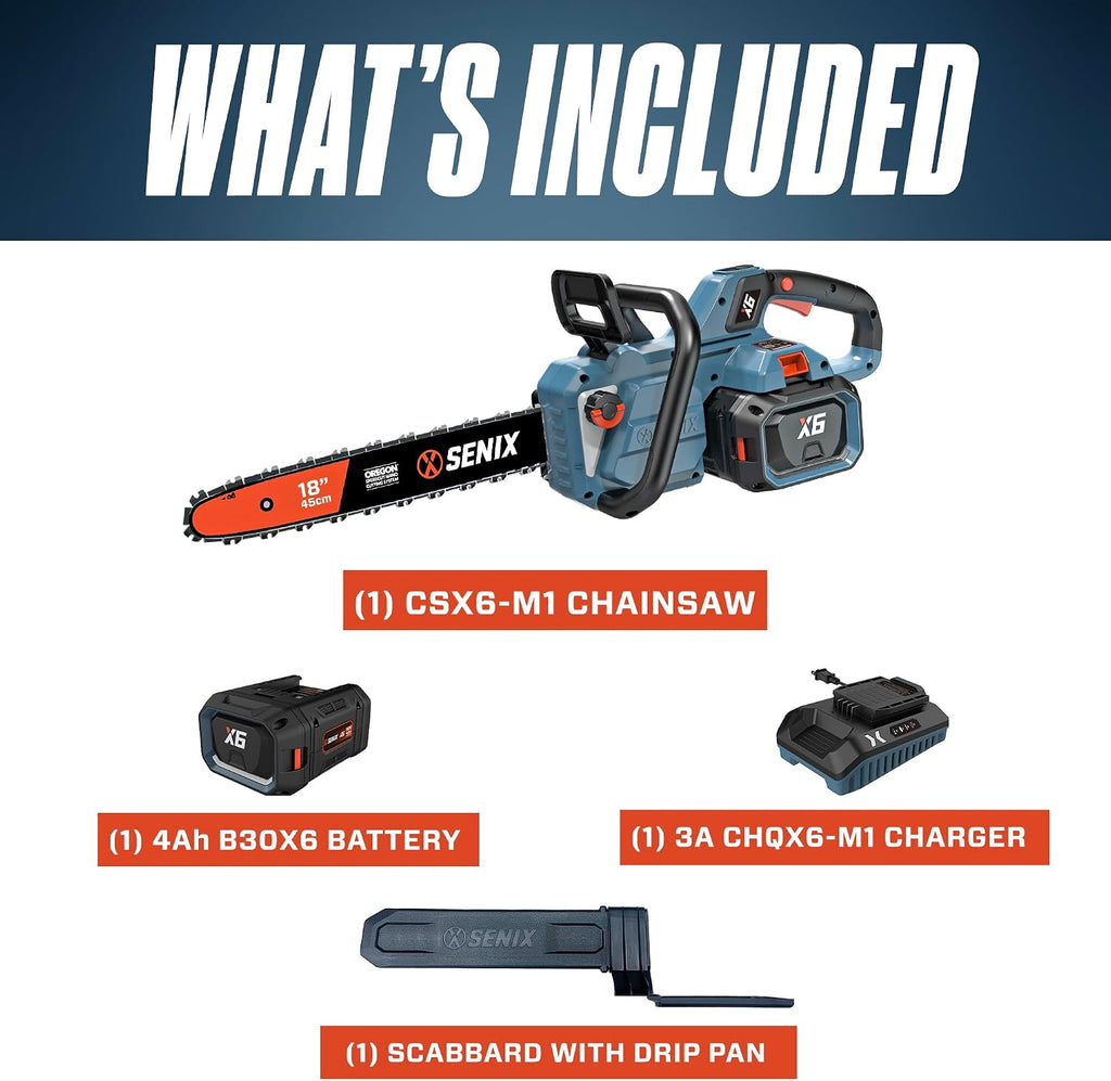 SENIX Chainsaw|60V 18' Battery Chainsaw|Brushless Electric Chainsaws|Cordless Chain Saw with 4Ah Battery & Charger|Garden Tool for Trees, Pruning, Branch Trimming, Best Gifts for Man, CSX6-M1