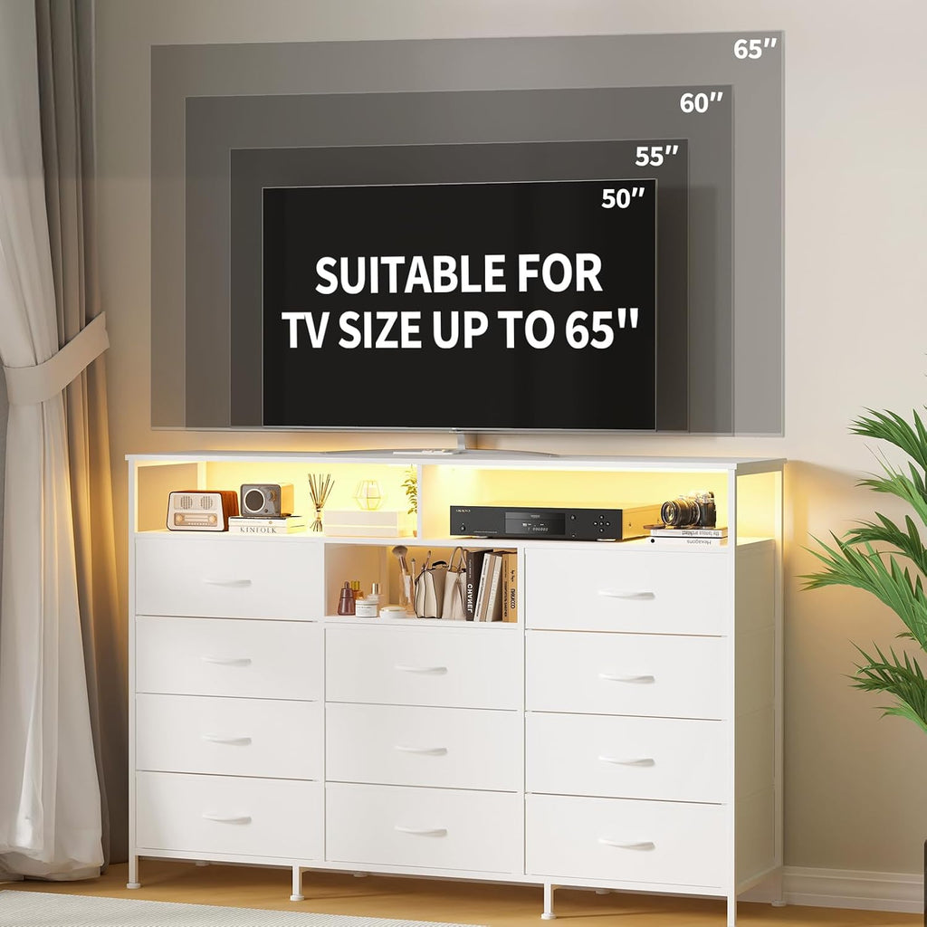 Dresser for Bedroom with LED Lights & Charging Station, 11 Drawer Dressers & Chests of Drawers, Steel Frame, Wood Top, 55 ' Fabric Dresser TV Stand for Bedroom,Hallway, Storage Organization, Entryway