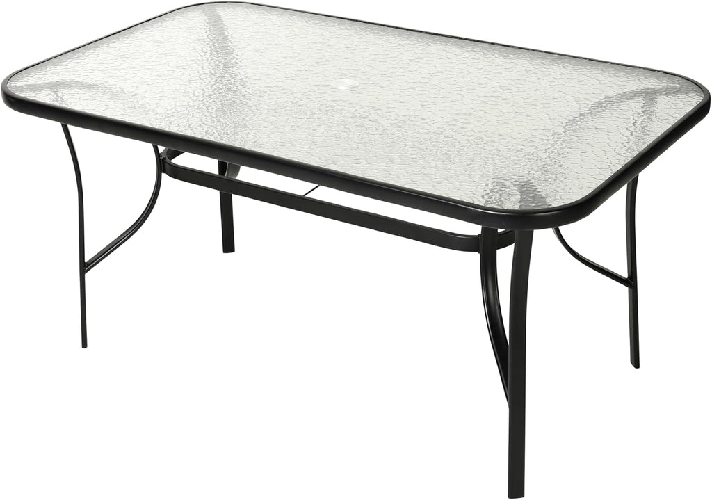 Flash Furniture Brazos Commercial Outdoor Dining Set, 60' Tempered Glass Patio Table with Umbrella Hole, 6 Stack Chairs with Flex Comfort Seats and Backs, Black/Black