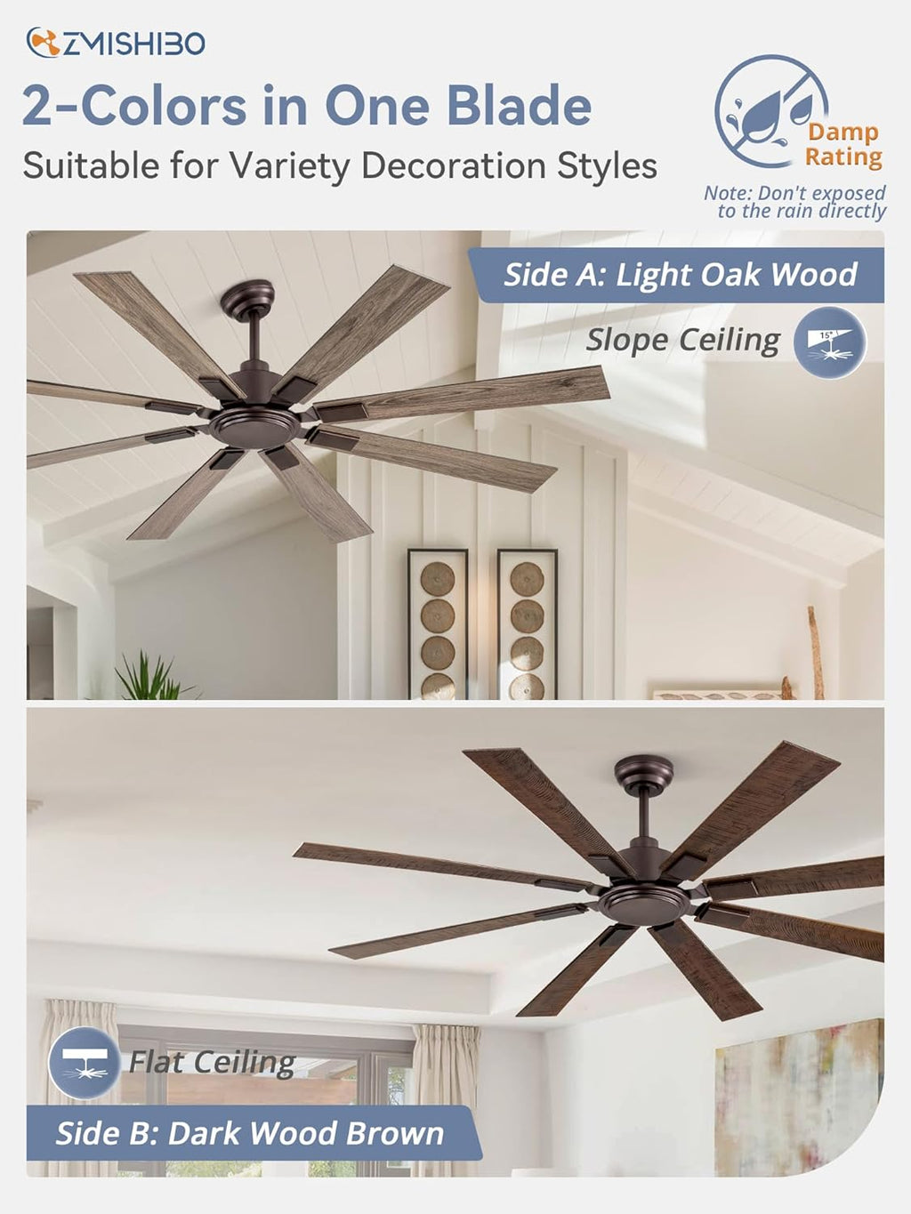 ZMISHIBO 65 Inch Oil Rubbed Bronze Ceiling Fans No Light with Remote, Indoor/Outdoor Farmhouse Ceiling Fan Without Light for Living Room Patio, 6 Speed Reversible Quiet DC Motor, Dual Finish Blades