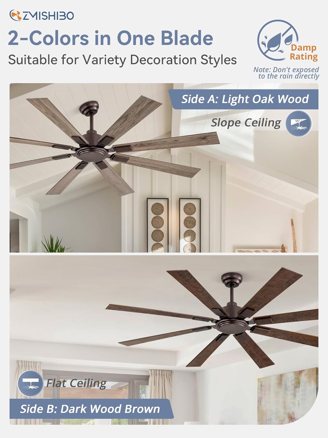 ZMISHIBO 65 Inch Oil Rubbed Bronze Ceiling Fans No Light with Remote, Indoor/Outdoor Farmhouse Ceiling Fan Without Light for Living Room Patio, 6 Speed Reversible Quiet DC Motor, Dual Finish Blades