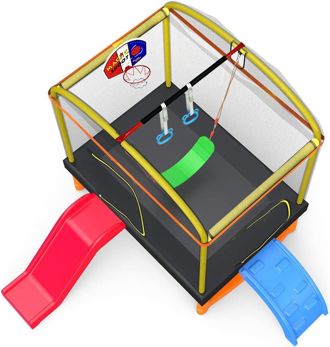 6.5FT Rectangle Trampoline with Swing Basketball Outdoor Climb Slide Trampoline for Kids Recreation Trampolines with Enclosure Safety Net