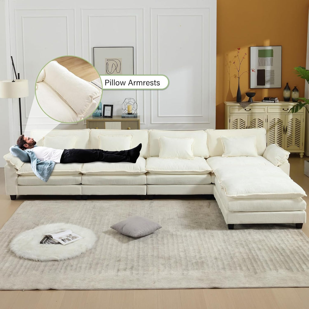 Oprisen 154' Modular Sectional Sofa, Comfy Cloud Couch Sectional Sofa with Ottoman, Chenille Sofa Sleeper Deep Seat Sofa with Throw Pillows for Living Room (Beige White, 154'- U Shape)