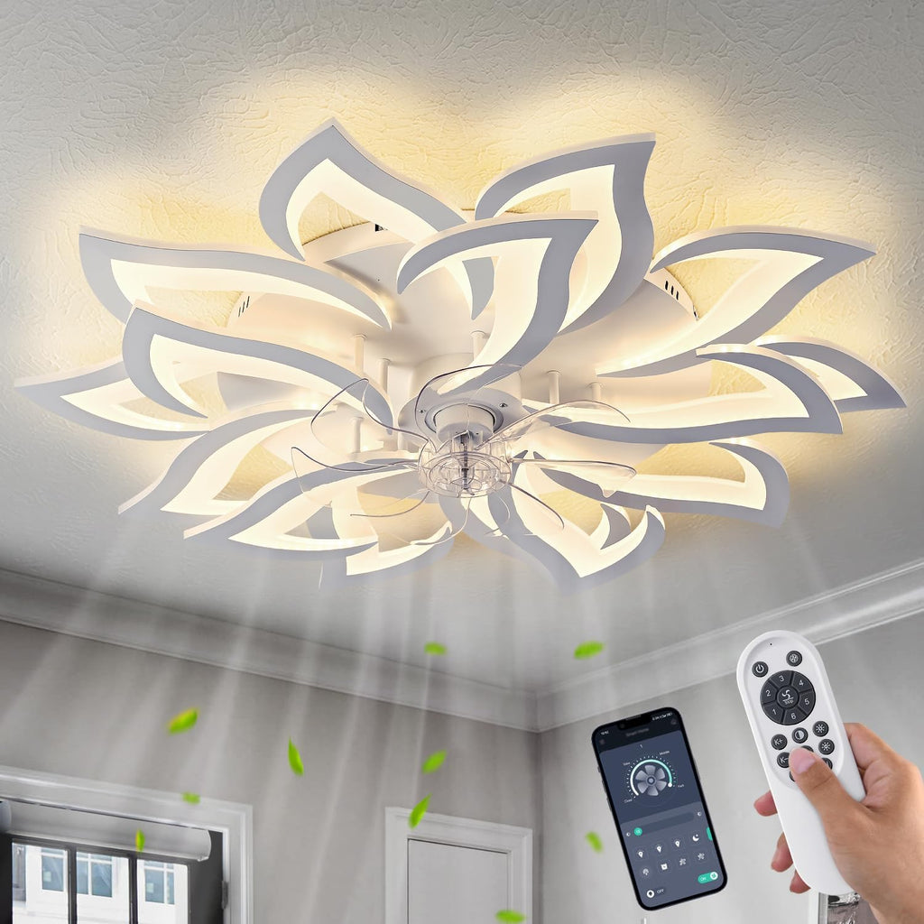 Dalouguan 35' White Modern Ceiling Fan with Lights Remote Control, 6 Speeds 3 Light Color Low Profile Flush Mount Ceiling Fan with light for Kitchen Living Room